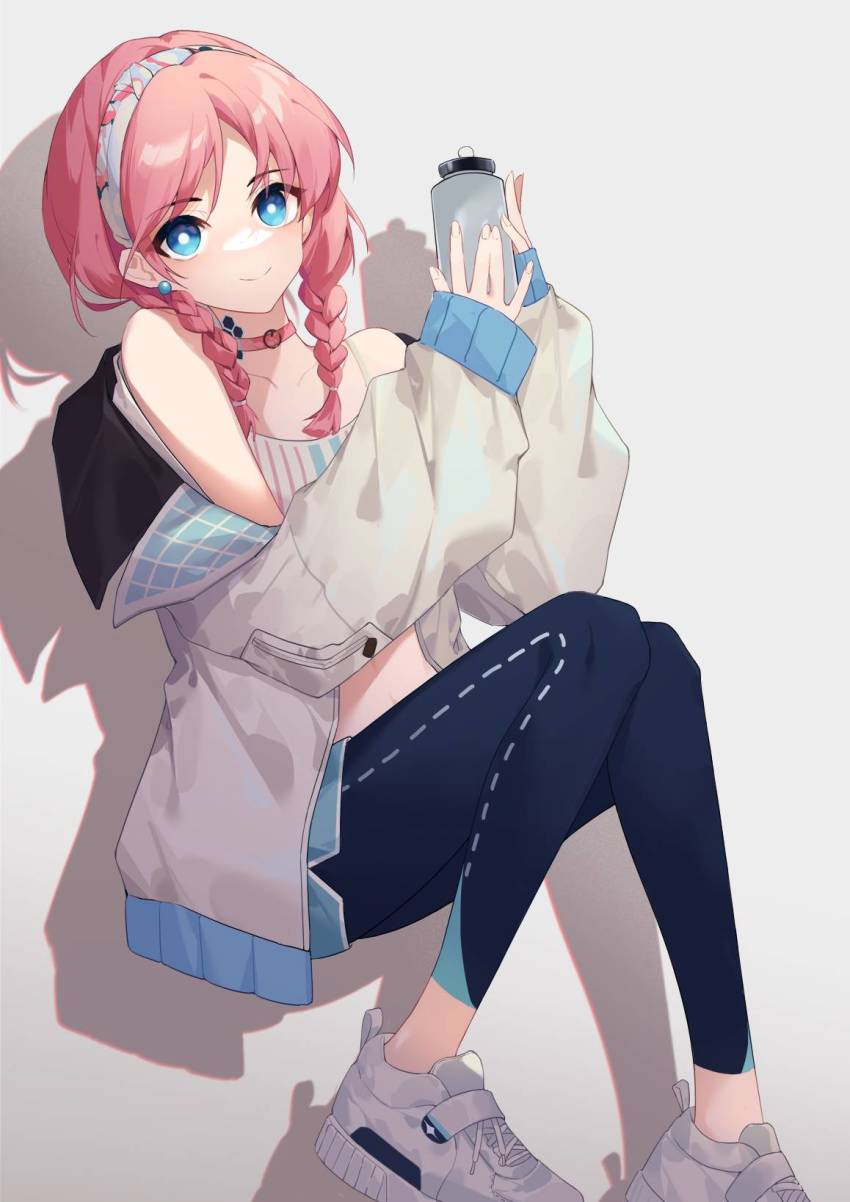 1girl, arknights, bad_id, bad_mihuashi_id, bare_shoulders, black_pants, blue_eyes, blue_poison_(arknights)