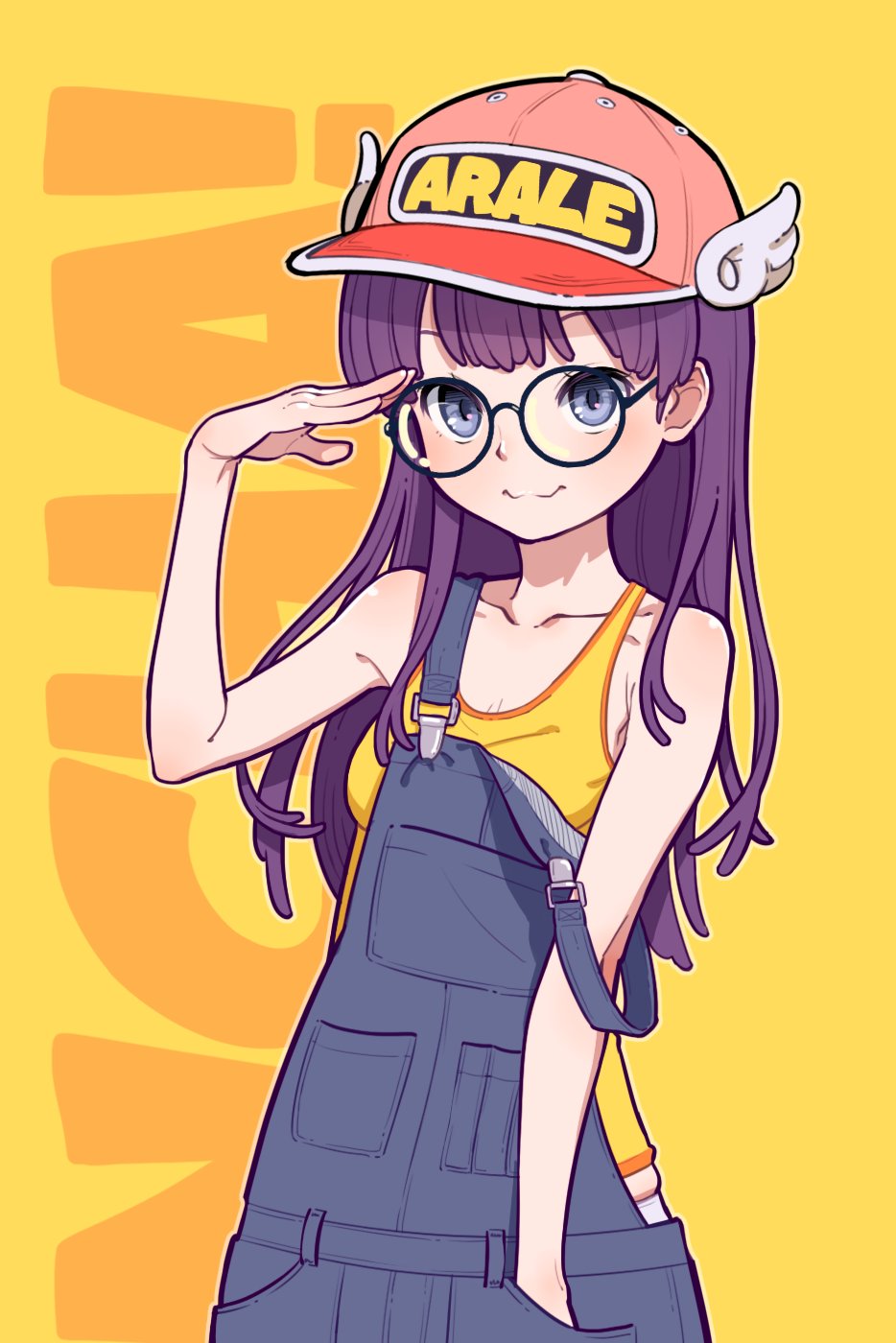 1girl, arm_up, black_overalls, character_name, collarbone, dr._slump, glasses, grey_eyes, hat, highres, miyoshi_yoshimi, norimaki_arale, overalls, pink_hat, print_headwear, round_eyewear, salute, smile, solo, strap_slip, tank_top, upper_body, yellow_background, yellow_tank_top