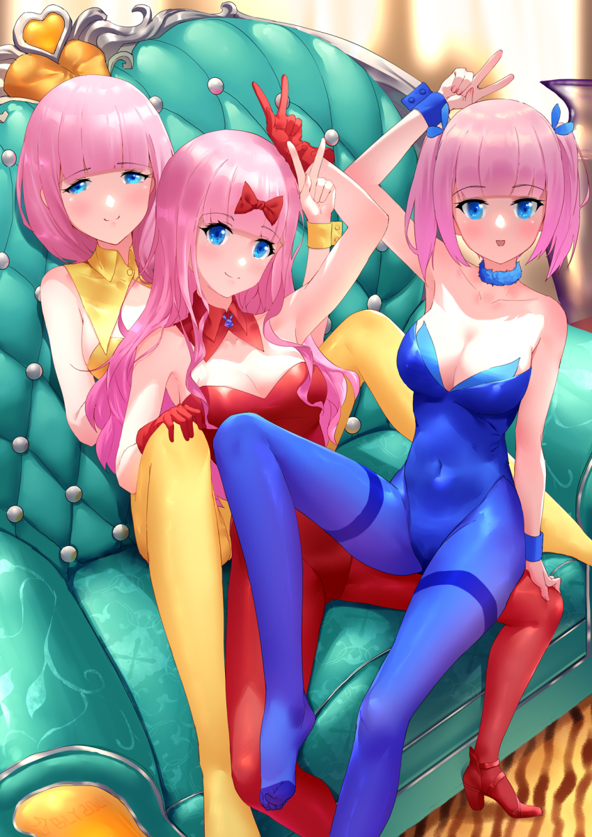 3girls, :d, arm_support, arm_up, armpits, bare_shoulders, blue_hair, blue_leotard