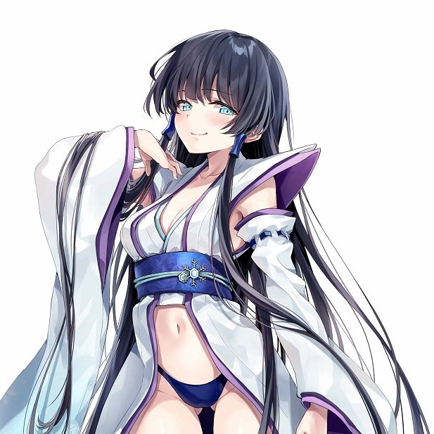 1girl, astaroth_(sentouin_haken_shimasu!), black_hair, blue_eyes, breasts, cleavage, long_hair, navel