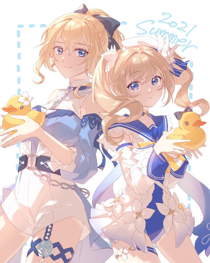 2girls, barbara_(genshin_impact), barbara_(summertime_sparkle)_(genshin_impact), bare_shoulders, black_bow, blonde_hair, blue_eyes, bow, breasts, closed_mouth, detached_sleeves, drill_hair, flower, genshin_impact, hair_bow, hair_flower, hair_ornament, hands_up, high-waist_shorts, highres, holding, jean_(genshin_impact), jean_(sea_breeze_dandelion)_(genshin_impact), koeda_(k83_4), long_sleeves, looking_at_viewer, medium_breasts, medium_hair, multiple_girls, official_alternate_costume, parted_lips, ponytail, shorts, siblings, sisters, three-quarter_sleeves, smile, summer_uniform, twin_drills, twintails, upper_body