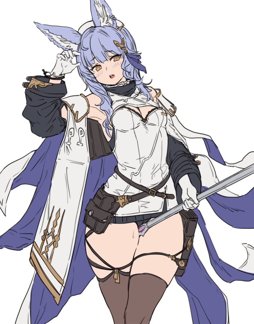 1girl, animal_ears, black_thighhighs, blue_hair, blush, breasts, cleavage, dress