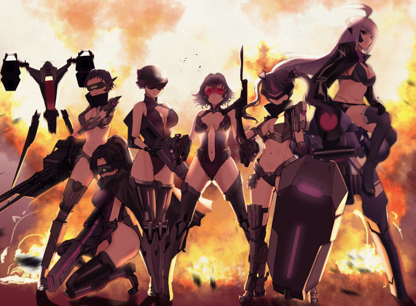 5girls, absurdres, ahoge, armor, assault_rifle, bayonet, boots, breasts