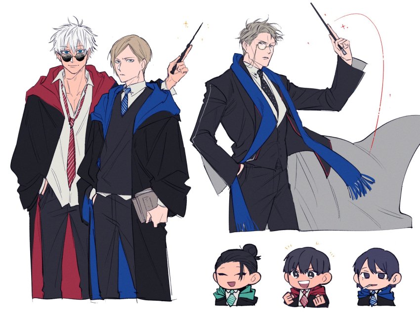 1girl, 4boys, :d, ^_^, ant_(wip_0011), arm_up, black_hair, black_jacket