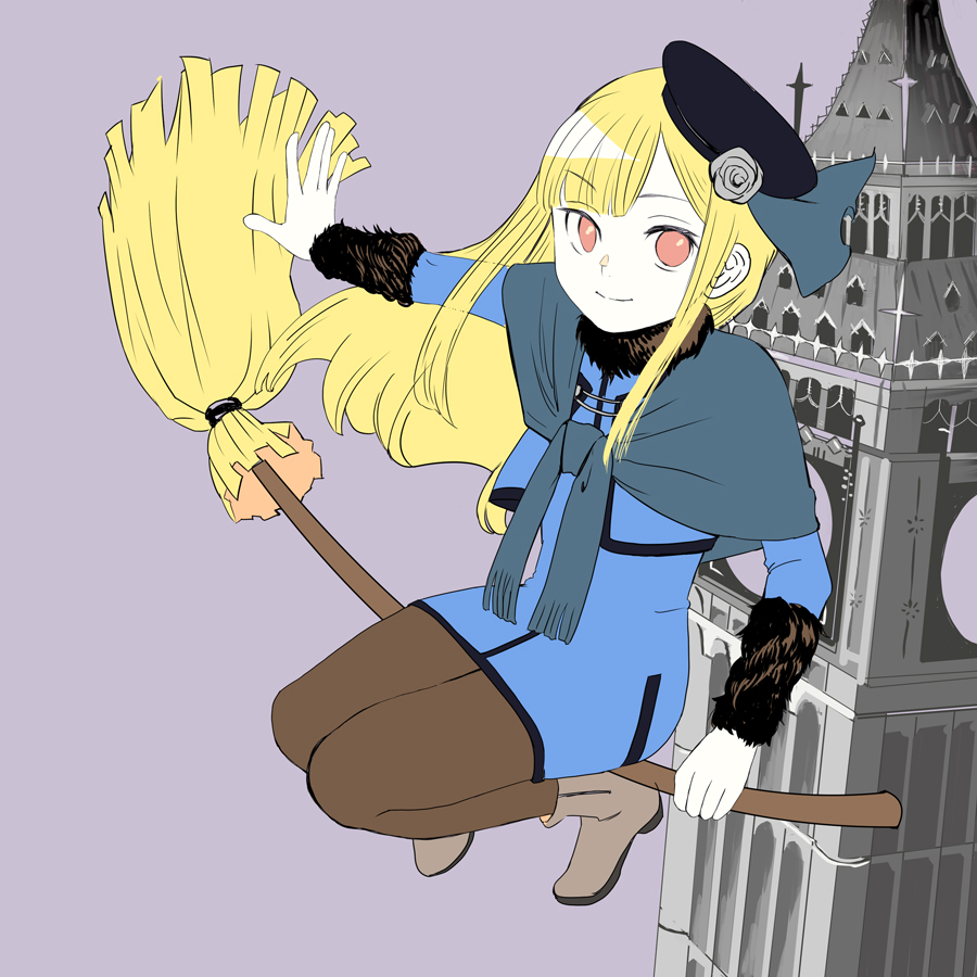 1girl, black_hat, blonde_hair, boots, broom, broom_riding, brown_pantyhose, capelet