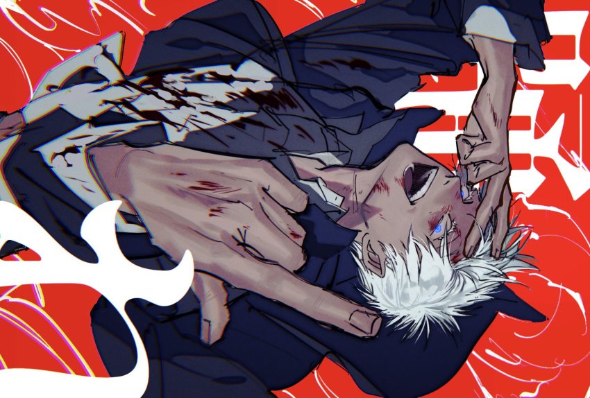 1boy, ant_(wip_0011), arm_up, black_jacket, blood, blood_on_clothes, blood_on_face, blue_eyes