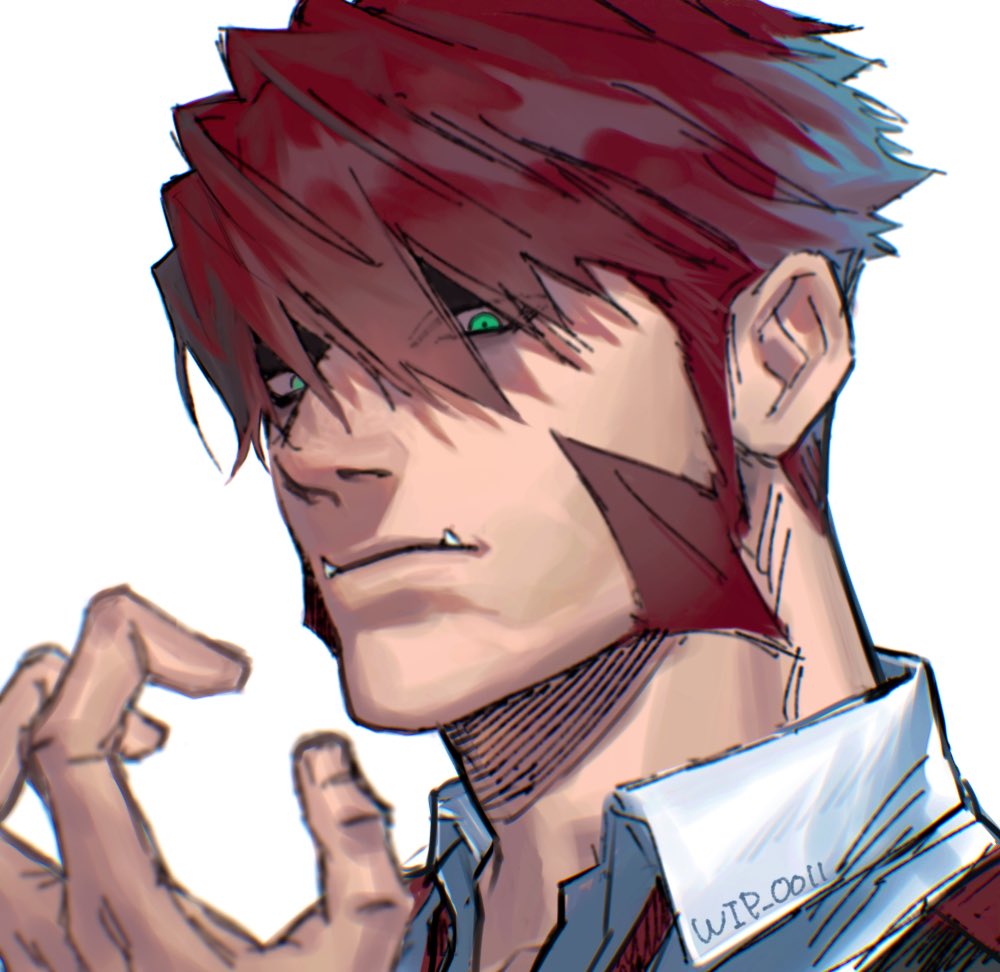 1boy, ant_(wip_0011), closed_mouth, collared_shirt, dress_shirt, eyes_visible_through_hair, facial_hair, fangs