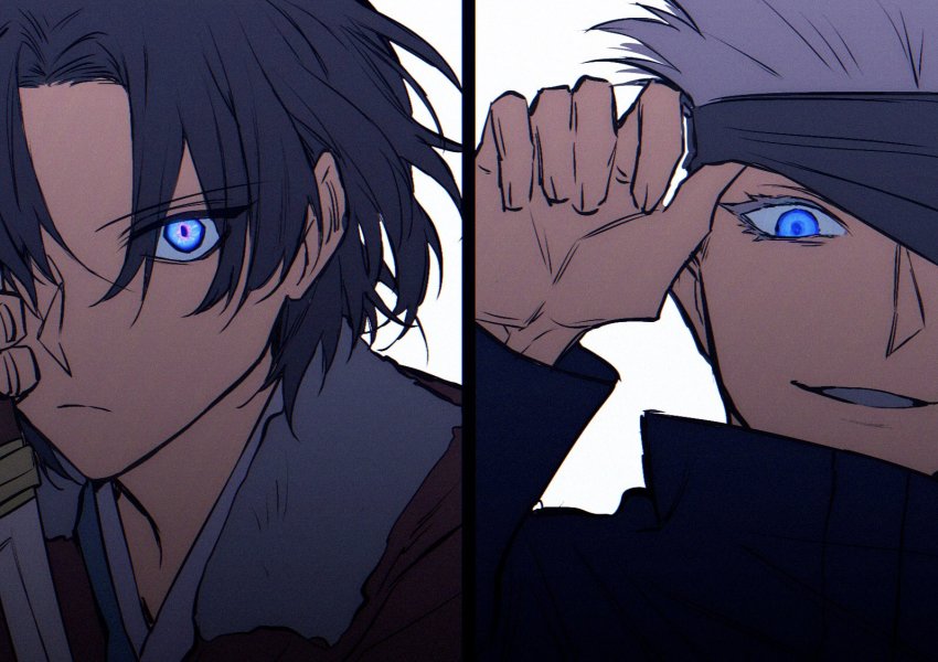 1boy, 1girl, ant_(wip_0011), black_hair, black_jacket, blindfold, blindfold_lift, blue_eyes, closed_mouth, eyelashes, gojo_satoru, hair_between_eyes, hand_up, high_collar, holding, holding_knife, jacket, jujutsu_kaisen, kara_no_kyoukai, knife, long_sleeves, looking_at_viewer, one_eye_covered, parted_lips, portrait, red_jacket, ryougi_shiki, simple_background, smile, split_screen, white_background, white_hair