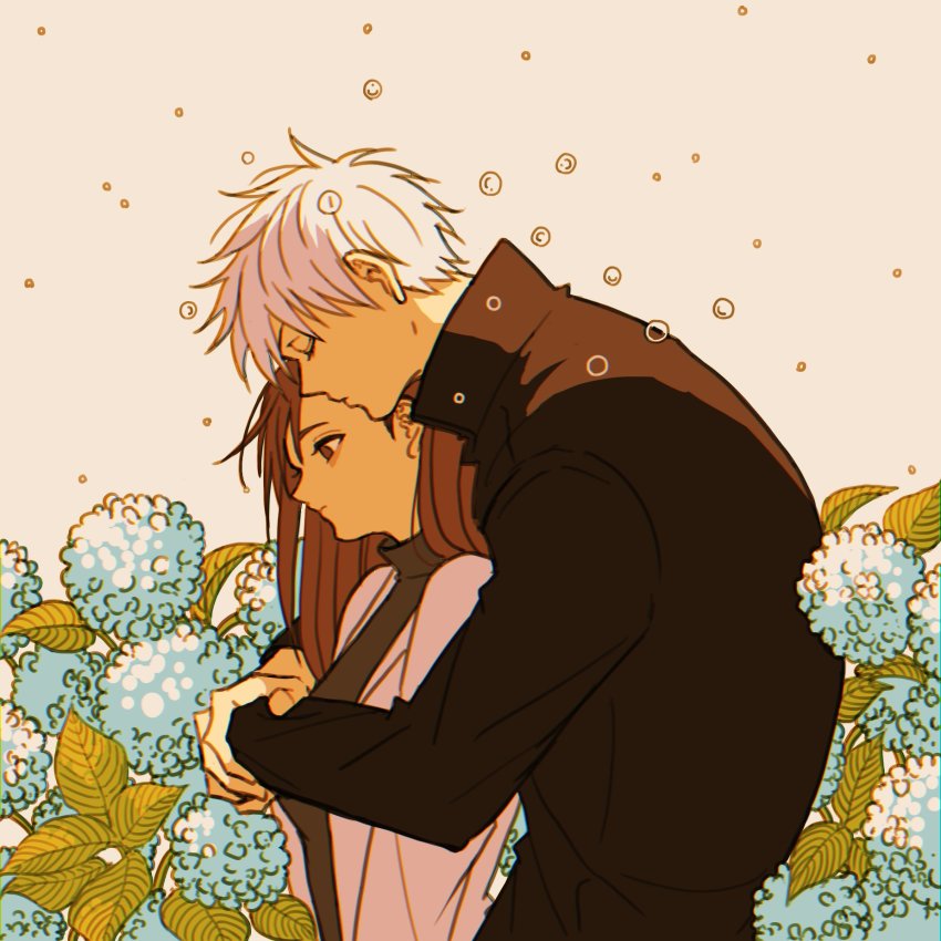 1boy, 1girl, black_jacket, black_shirt, brown_eyes, brown_hair, closed_eyes, empty_eyes, flower, gojo_satoru, hetero, high_collar, highres, hug, hug_from_behind, hydrangea, ieiri_shoko, jacket, jujutsu_kaisen, k_ysd001, kiss, kissing_forehead, long_sleeves, looking_away, profile, shirt, short_hair, upper_body, water_drop, white_background, white_hair, white_jacket