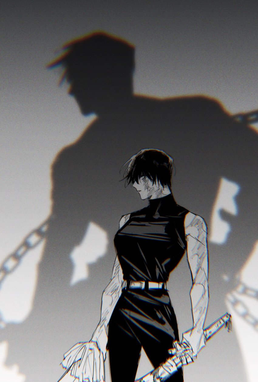 1boy, 1girl, ant_(wip_0011), belt, burn_scar, cowboy_shot, different_shadow, dual_wielding, fushiguro_toji, gradient_background, greyscale, high-waist_pants, highres, holding, holding_sword, holding_weapon, jujutsu_kaisen, looking_away, monochrome, pants, profile, scar, shirt, short_hair, sleeveless, sleeveless_shirt, spoilers, standing, sword, weapon, zen'in_maki, zen'in_maki_(post_shibuya)