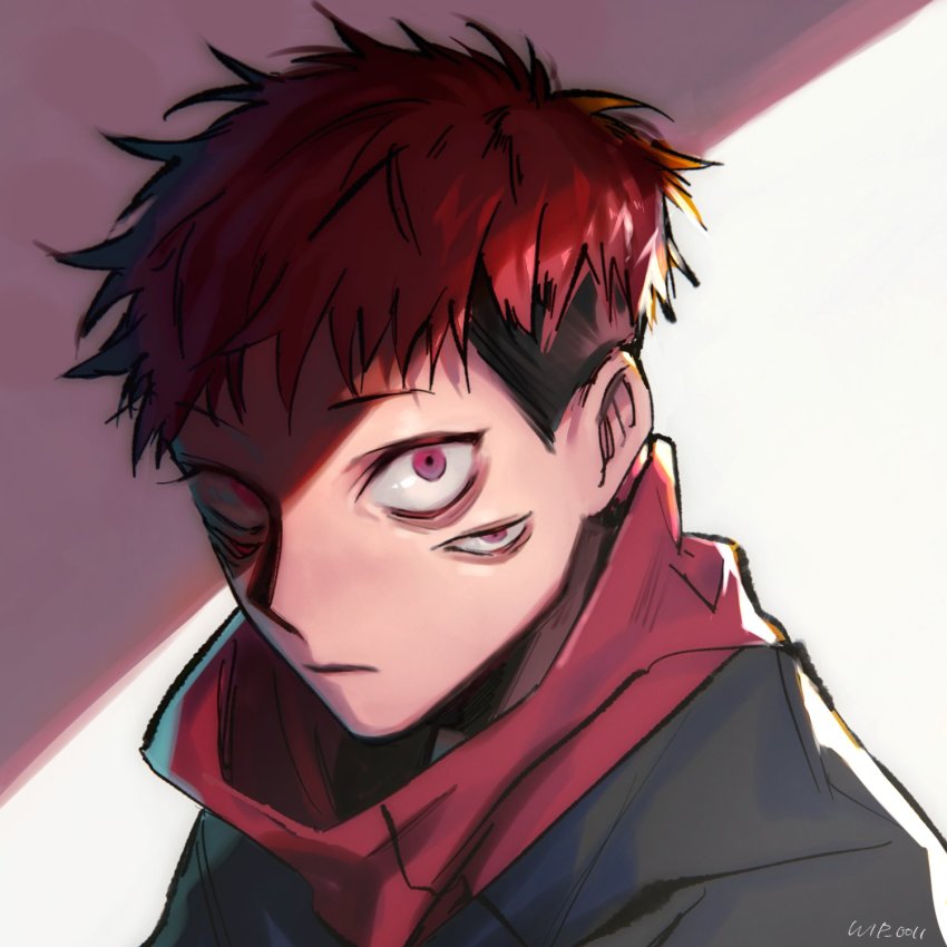 1boy, ant_(wip_0011), black_hair, black_jacket, extra_eyes, highres, hood, hood_down