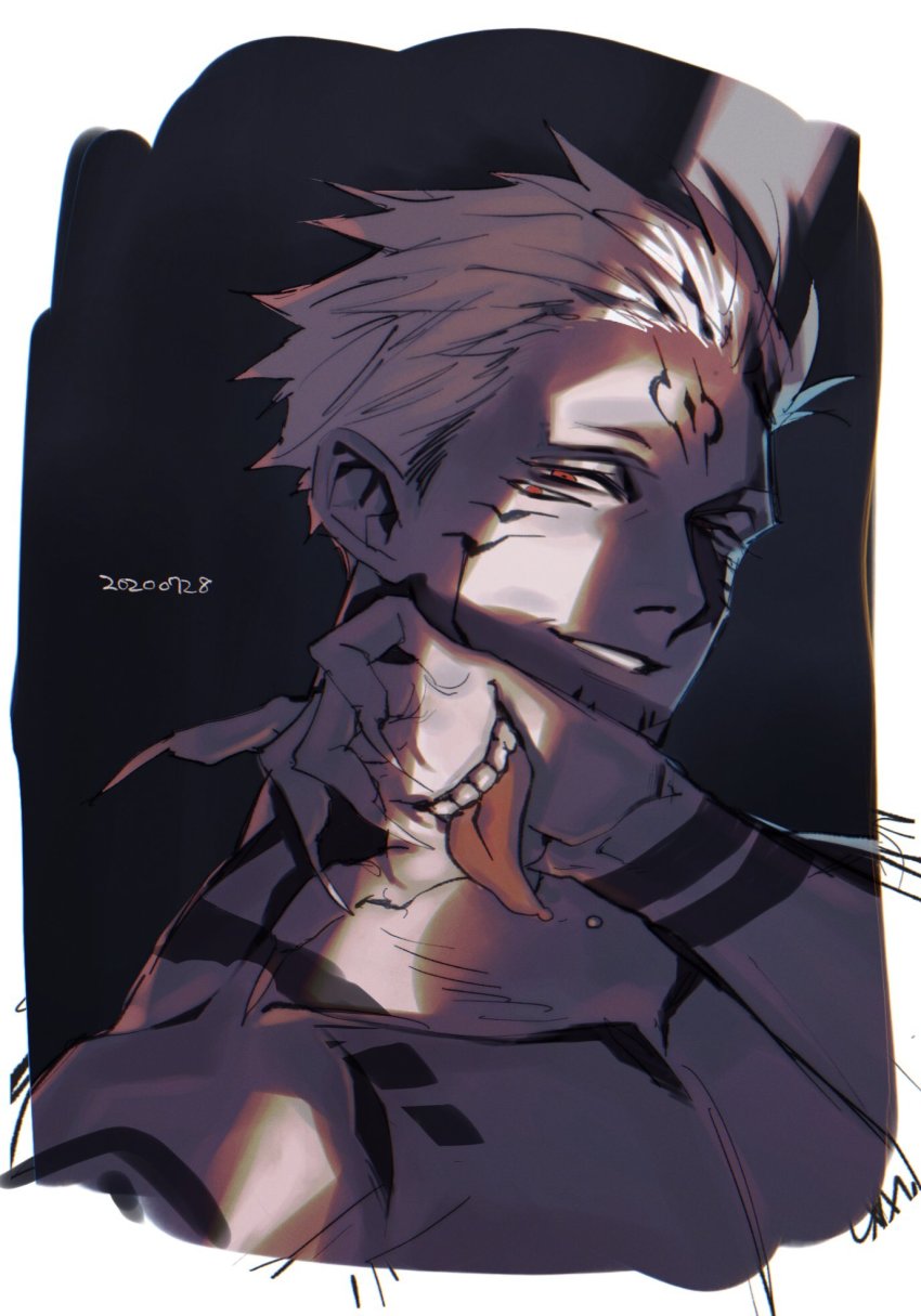 1boy, ant_(wip_0011), black_background, chest_tattoo, collarbone, extra_eyes, facial_tattoo, fingernails