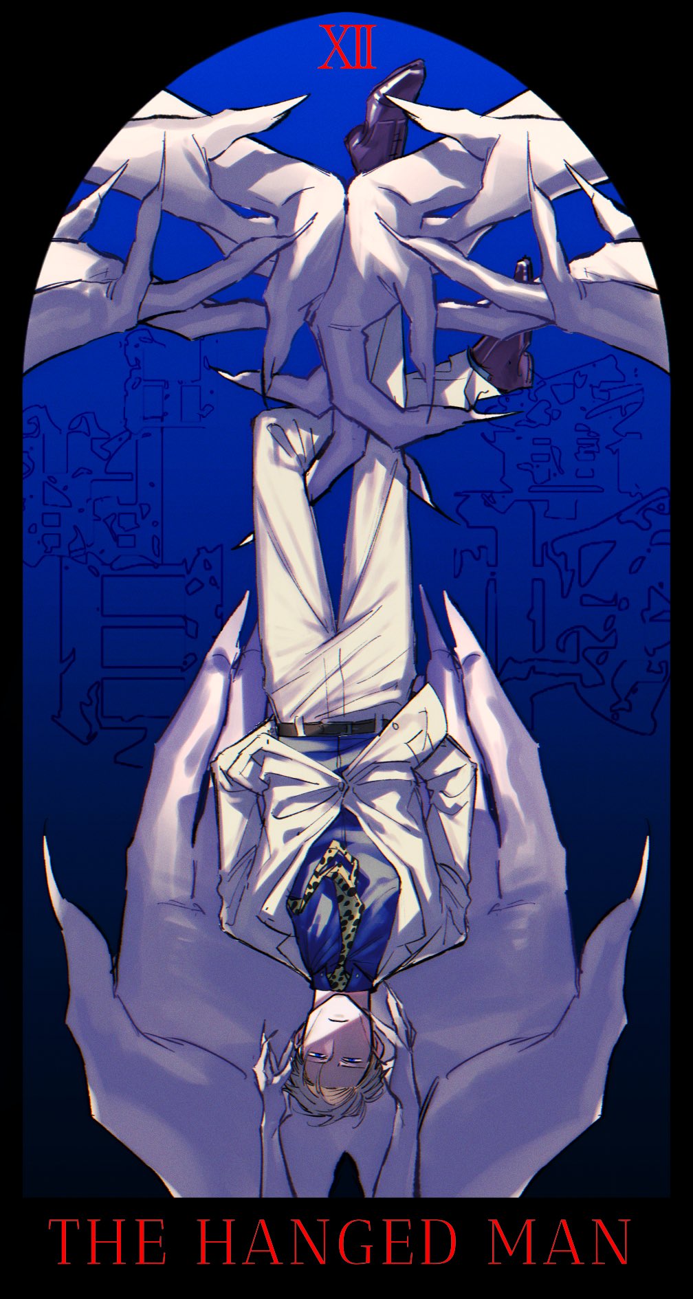 1boy, ant_(wip_0011), belt, black_belt, black_shoes, blonde_hair, blue_background, blue_eyes