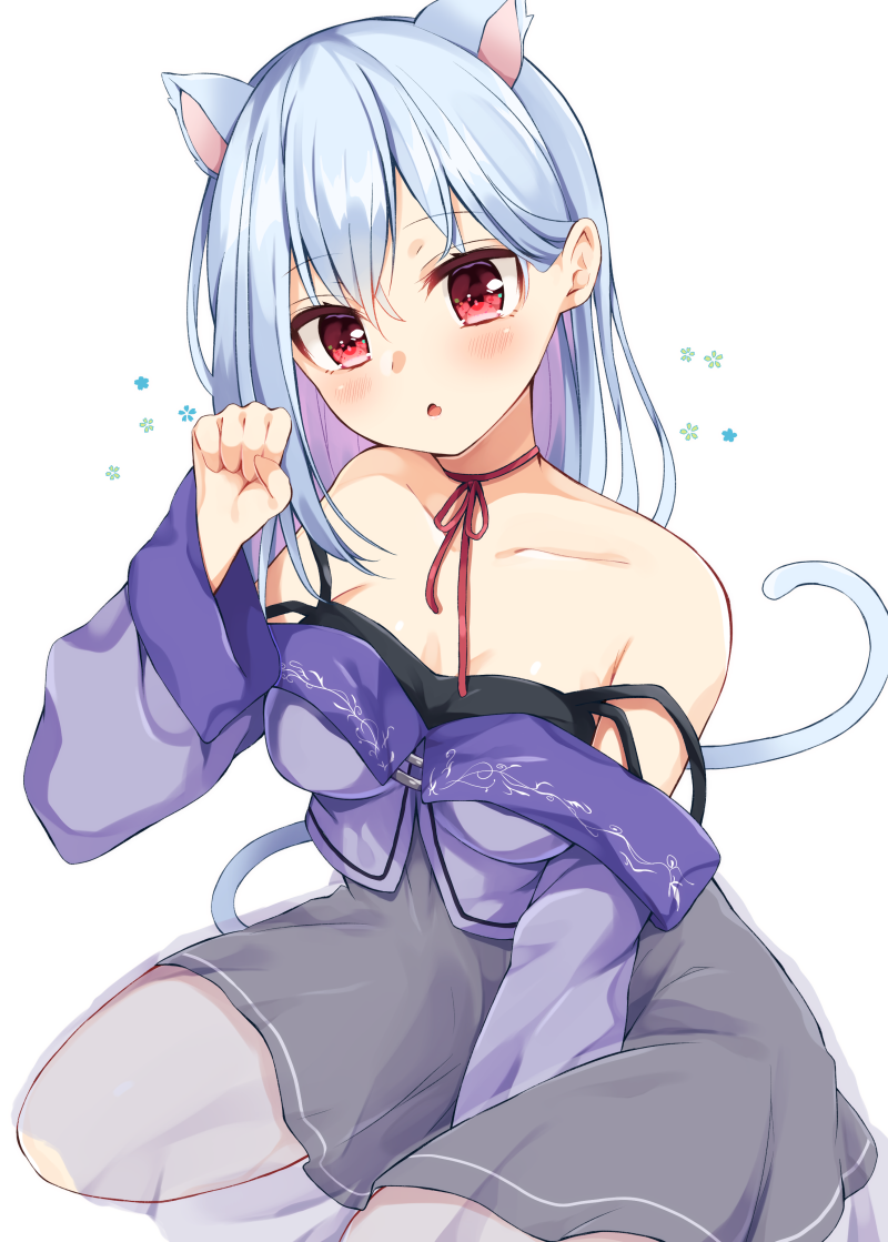 1girl, :o, animal_ears, between_legs, black_dress, blue_hair, blue_jacket, cat_ears