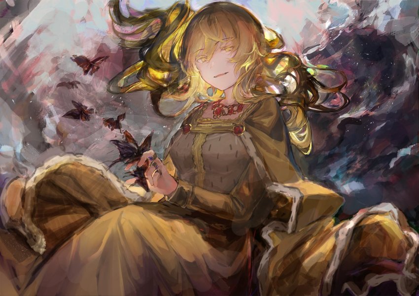 1girl, blonde_hair, breasts, bug, butterfly, butterfly_on_hand, cape, colored_eyelashes