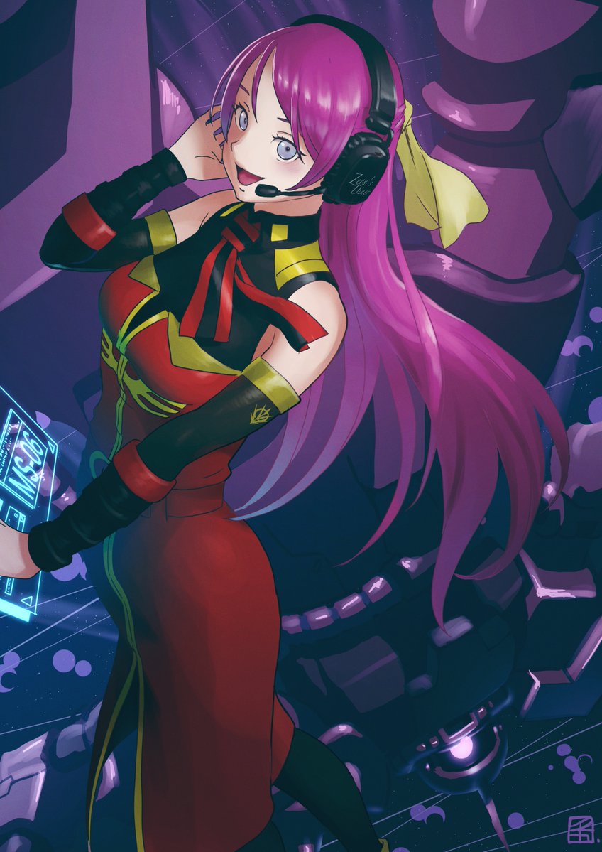 1girl, black_sleeves, breasts, detached_sleeves, dress, glowing, glowing_eye, gundam