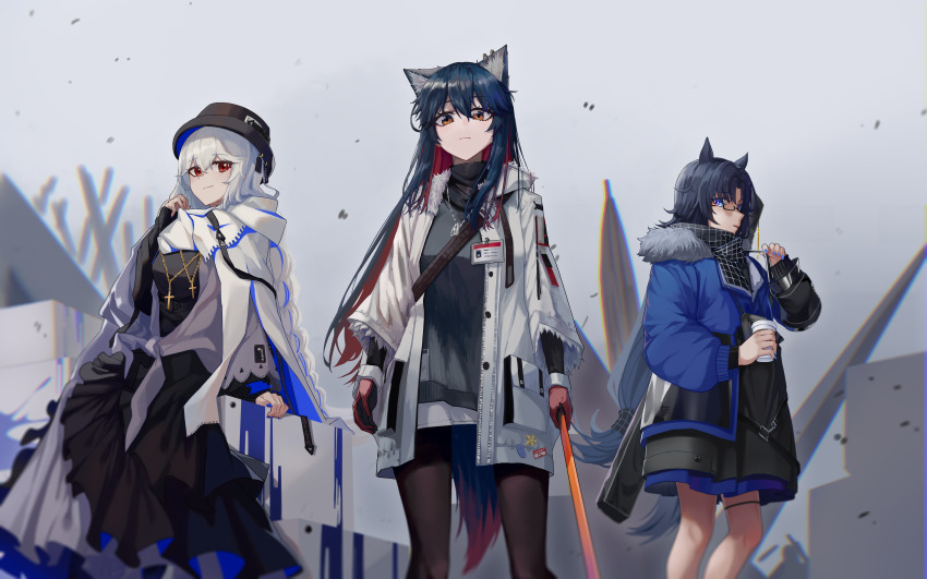 3girls, absurdres, animal_ear_fluff, animal_ears, arknights, bag, bespectacled, black-framed_eyewear