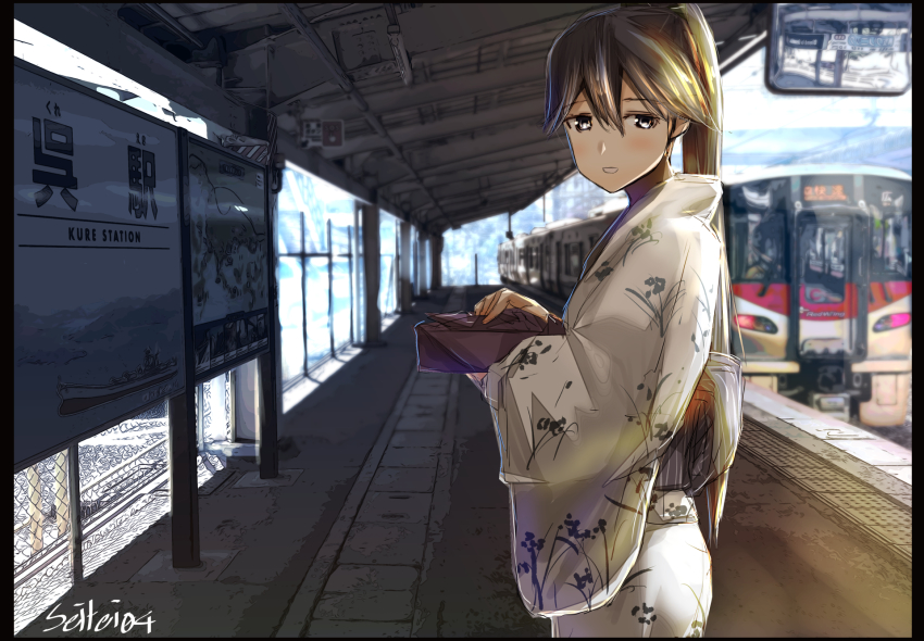 1girl, artist_name, black_hair, highres, hiroshima_prefecture, houshou_(kancolle), japan_railways, japanese_clothes