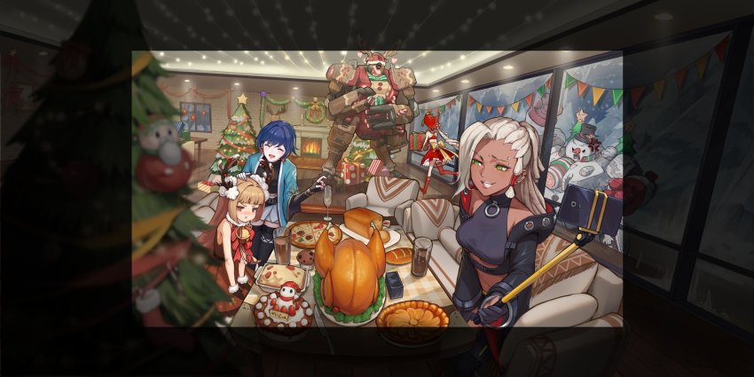 4girls, anger_vein, animal_costume, bread, cake, caramel_(smc), christmas, christmas_ornaments