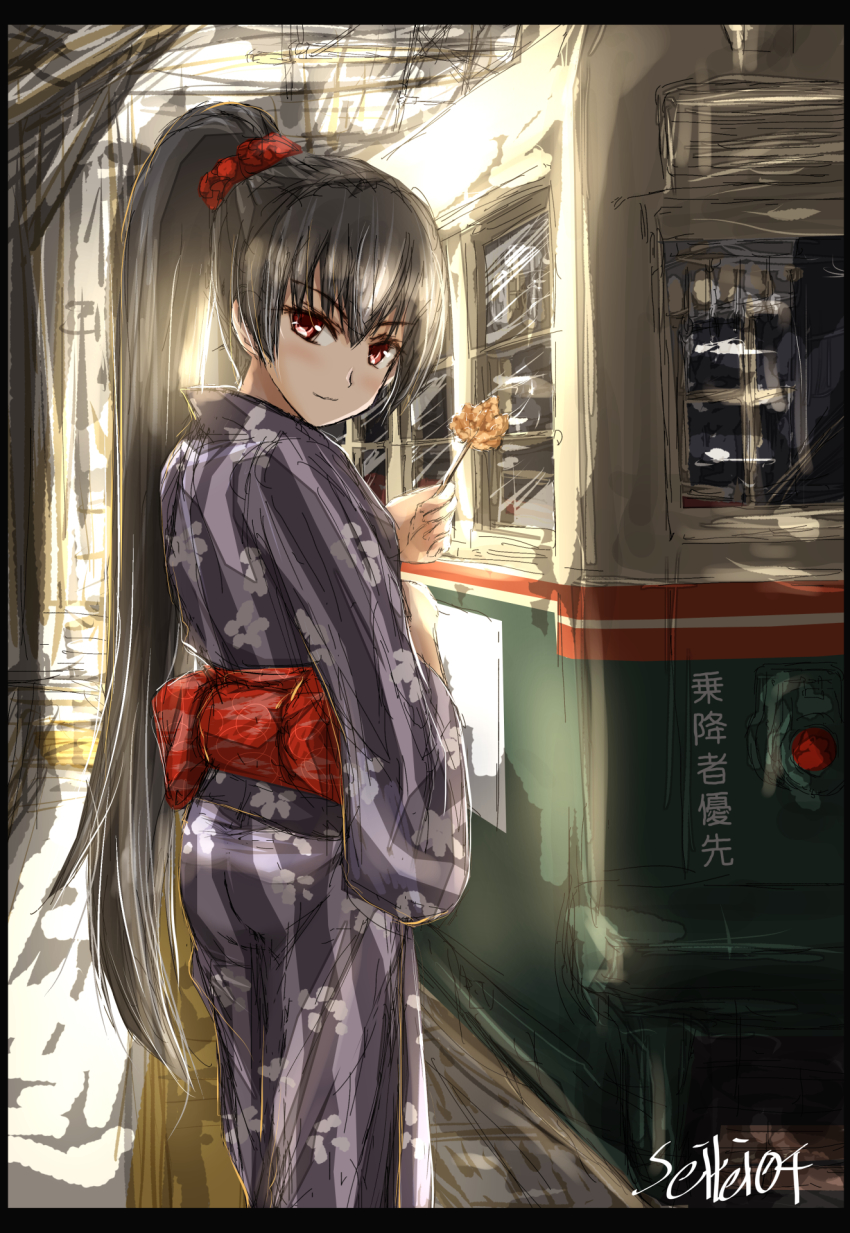 1girl, black_hair, hairband, highres, hiroshima_electric_railway, isokaze_(kancolle), japanese_clothes, kantai_collection