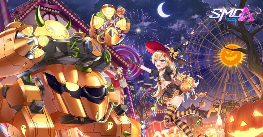 1girl, basket, candle, candy, candy_cane, caramel_(smc), crescent_moon, demon