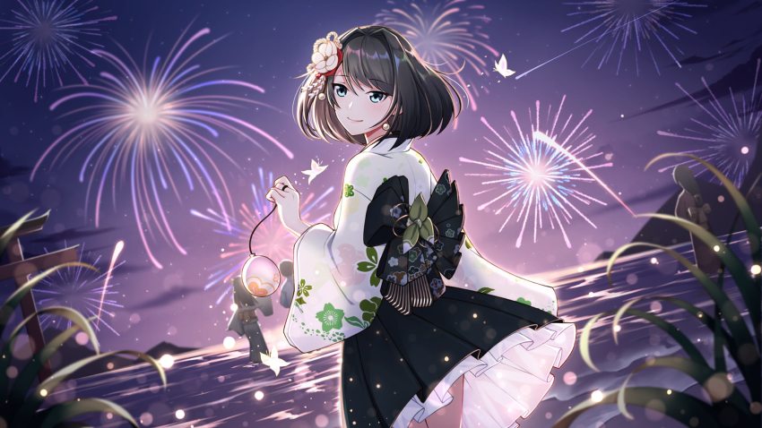 1girl, black_hair, bug, butterfly, earrings, fireworks, flower, gate