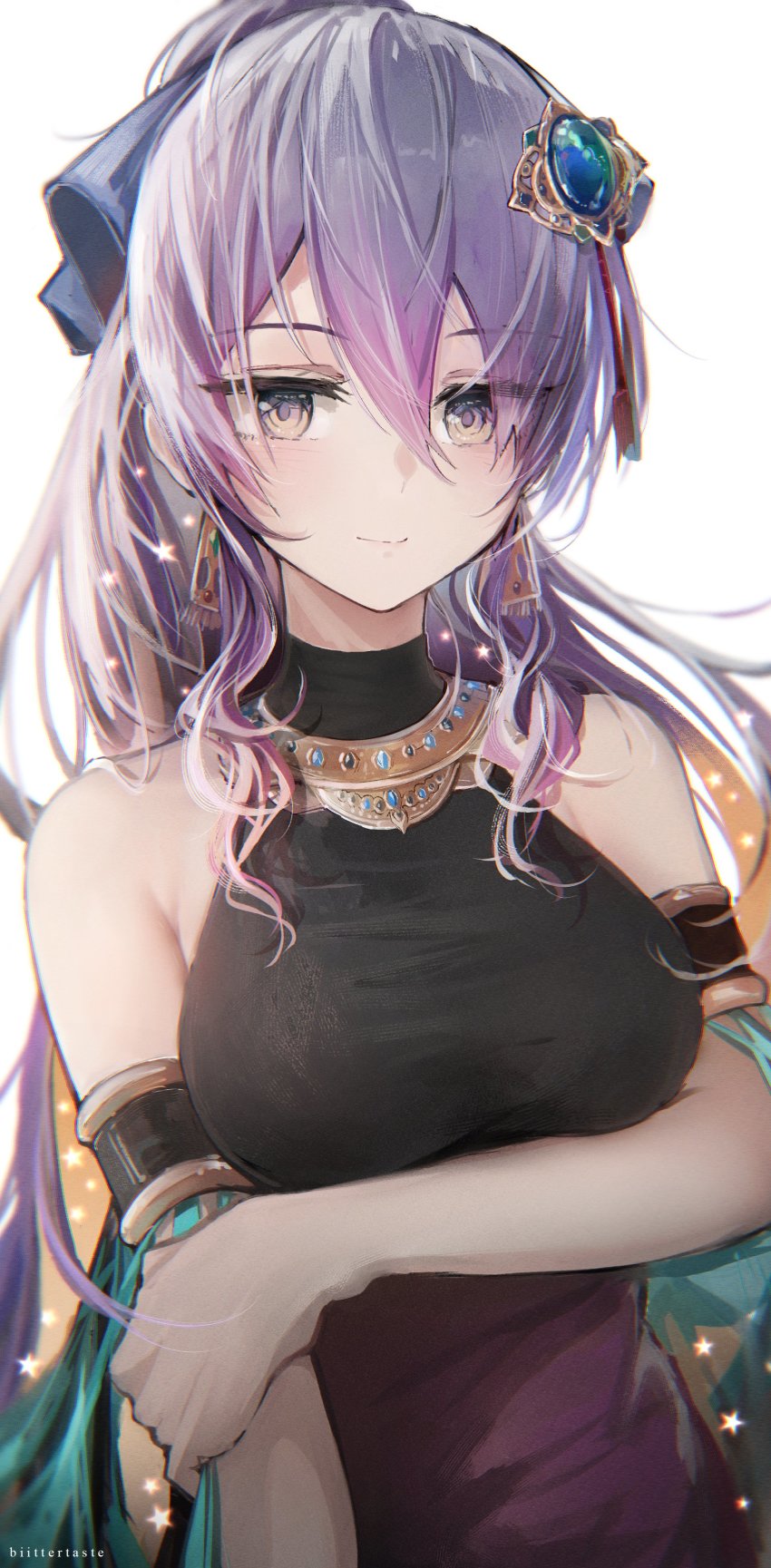 1girl, absurdres, arm_under_breasts, armlet, artist_name, biittertaste, black_dress, colored_inner_hair, dress, earrings, hair_between_eyes, hair_ornament, highres, hand_on_own_arm, hololive, hololive_indonesia, jewelry, long_hair, looking_at_viewer, moona_hoshinova, moona_hoshinova_(indonesian_casual), multicolored_hair, necklace, ponytail, purple_hair, shirt, simple_background, skin_tight, sleeveless, sleeveless_shirt, smile, solo, two-tone_hair, upper_body, virtual_youtuber, white_background