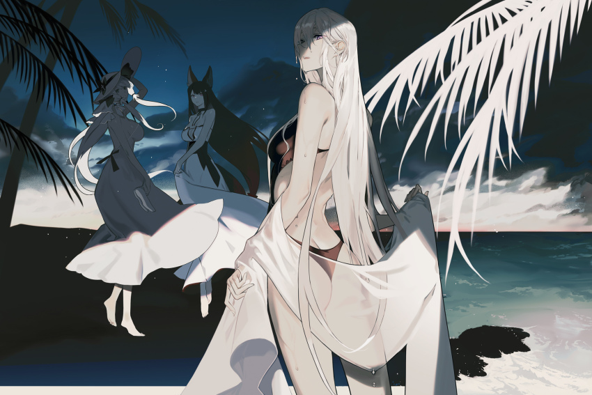 3girls, amagi_(azur_lane), animal_ears, ass, azur_lane, bikini, blue_eyes, bow, breasts, brown_hair, butt_crack, cloud, cloudy_sky, dark_cloud, dark_sky, enterprise_(azur_lane), hair_between_eyes, hair_bow, hat, highres, illustrious_(azur_lane), kaifei_(kaifei_29), long_hair, looking_at_viewer, multiple_girls, ponytail, purple_eyes, sideboob, sky, sun_hat, swimsuit, tree, water, waves, wet, wet_hair, white_hair