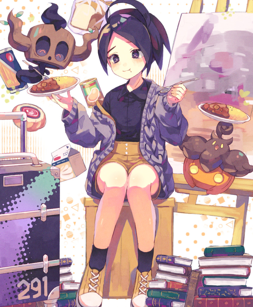 1boy, :t, ahoge, allister_(pokemon), alternate_costume, black_hair, black_legwear, black_shirt, blush, book, buttons, canvas_(object), cardigan, closed_mouth, collared_shirt, commentary_request, curry, easel, eating, food, gen_6_pokemon, gym_leader, highres, holding, holding_spoon, long_sleeves, male_focus, mole, mole_under_mouth, nagatsukiariake, nintendo, open_cardigan, open_clothes, phantump, plate, pokemon, pokemon_(creature), pokemon_sword_and_shield, pumpkaboo, purple_eyes, shirt, shoes, short_hair, shorts, sitting, socks, spoon, suitcase, yellow_shoes