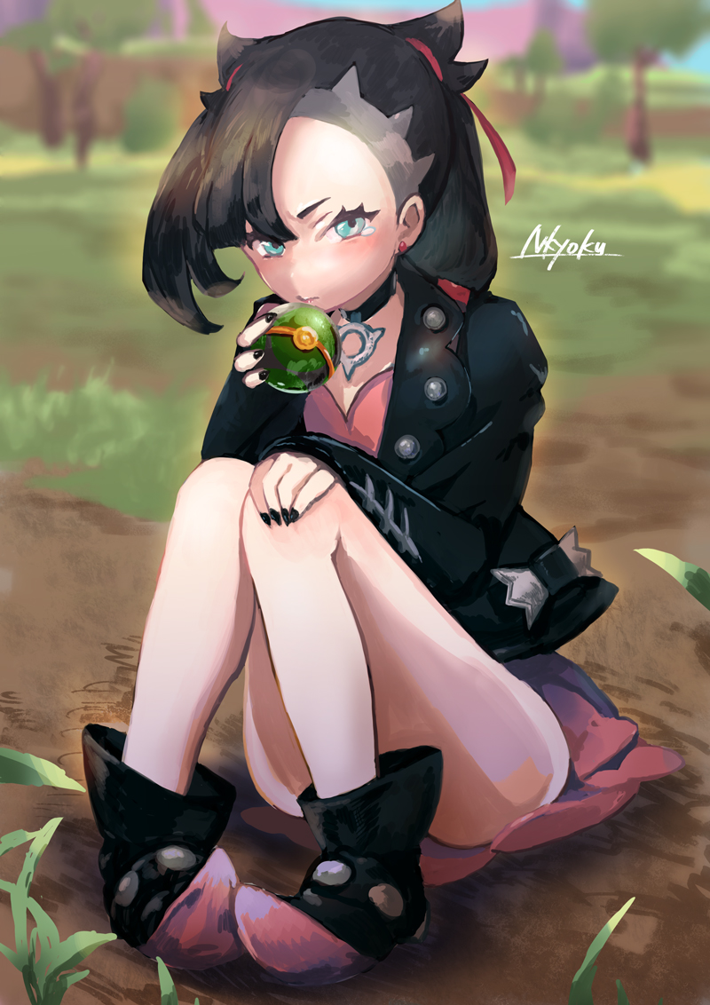 1girl, ankle_boots, aqua_eyes, artist_name, asymmetrical_bangs, black_boots, black_choker, black_hair