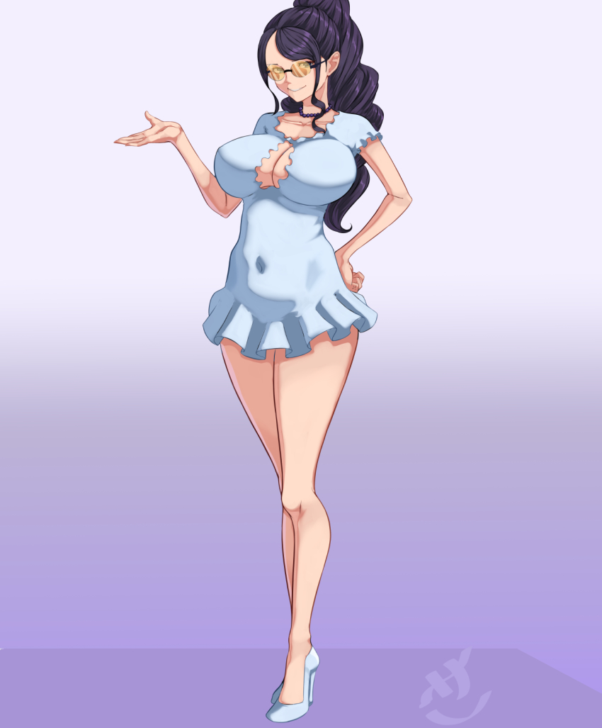 1girl, bellybutton_visible_through_clothes, black_hair, blue_dress, breasts, brown-tinted_eyewear, cleavage_cutout, clothing_cutout, collarbone, dress, hand_on_own_hip, hard.d, highres, huge_breasts, looking_at_viewer, navel, nico_robin, one_piece, one_piece_film:_gold, orange-tinted_eyewear, orange-tinted_glasses, short_dress, sunglasses, tagme, tinted_eyewear, updo