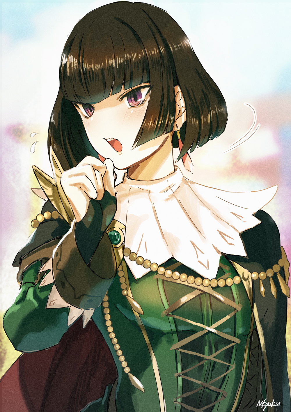 1girl, artist_name, beads, black_bridal_gauntlets, blunt_bangs, bob_cut, breasts, bridal_gauntlets