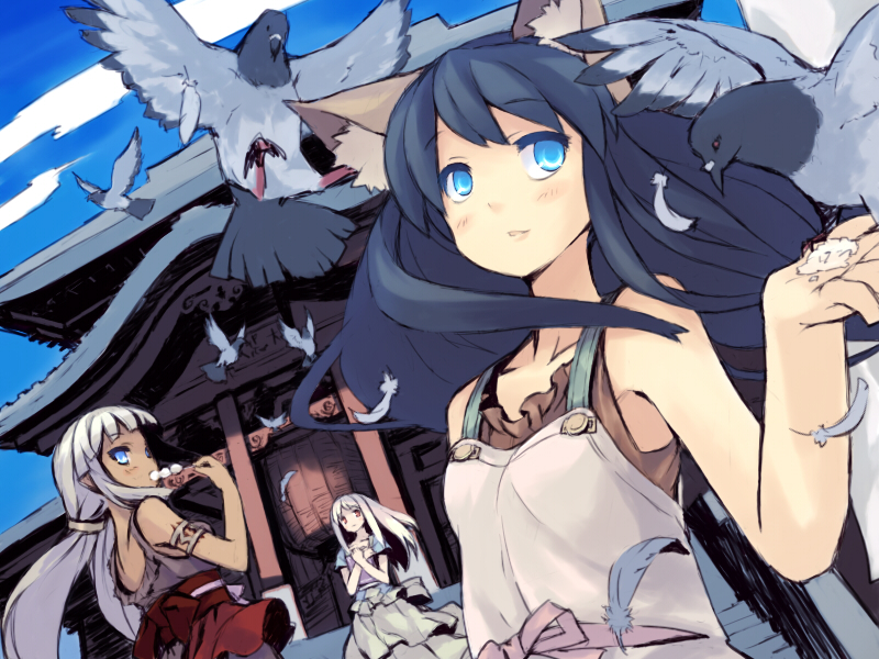 3girls, animal_ears, bird, blue_eyes, blue_hair, dango, eating, food