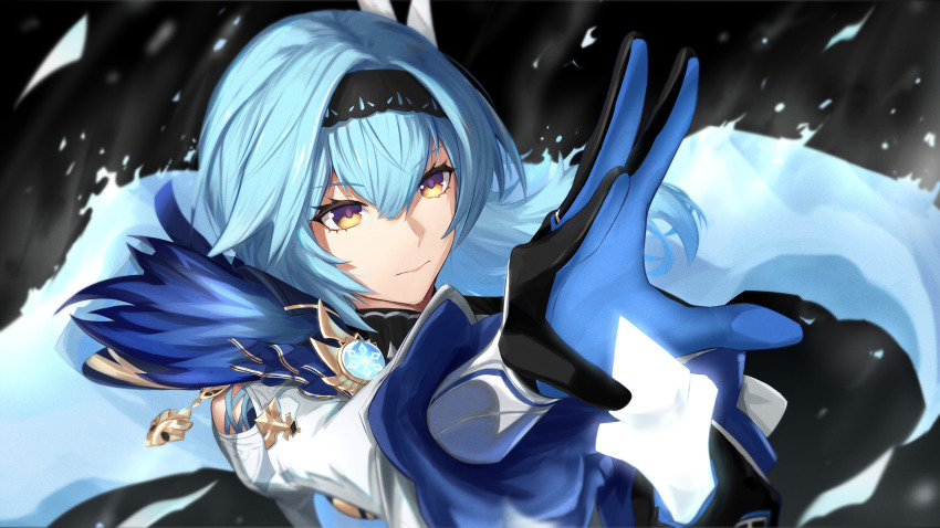 1girl, black_background, black_gloves, black_hairband, blue_gloves, blue_hair, closed_mouth, eula_(genshin_impact)