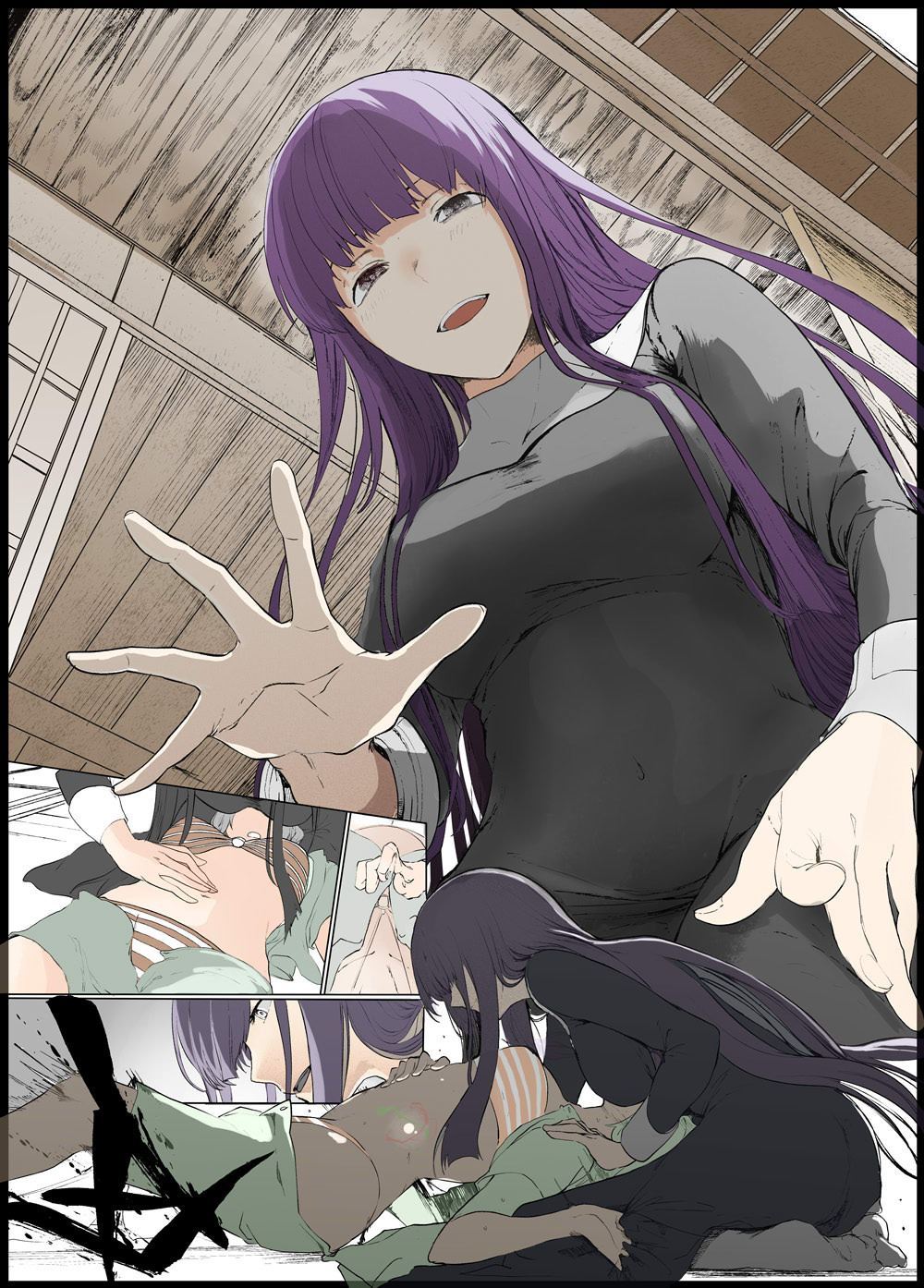 2girls, architecture, asagami_fujino, bikini, black_border, black_dress, blunt_bangs, border, breast_smother, breasts, commentary_request, covered_navel, dress, east_asian_architecture, face_to_breasts, fate/grand_order, fate_(series), female_pov, from_above, from_below, fujimaru_ritsuka_(female), fujimaru_ritsuka_(female)_(brilliant_summer), highres, kara_no_kyoukai, lap_pillow, long_dress, long_hair, long_sleeves, looking_at_another, looking_at_viewer, medium_breasts, multiple_girls, navel, o-ring, o-ring_bikini, official_alternate_costume, open_clothes, open_mouth, open_shorts, pov, purple_hair, reien_girl's_academy_school_uniform, school_uniform, seiza, shirt, shorts, sidelocks, sitting, smile, striped_bikini, striped_clothes, swimsuit, syatey, teeth, telekinesis, unzipped, upper_teeth_only, very_long_hair, yuri