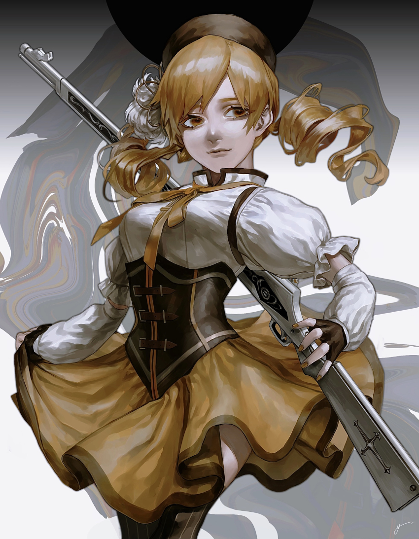 1girl, absurdres, arms_at_sides, beret, black_gloves, black_hat, blonde_hair, breasts