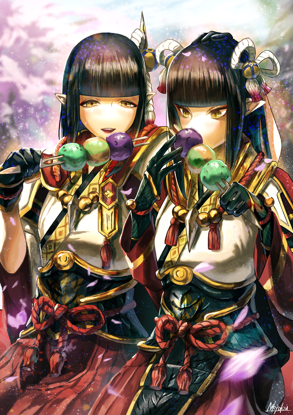 2girls, artist_name, black_gloves, black_hair, blunt_bangs, cherry_blossoms, closed_mouth, dango