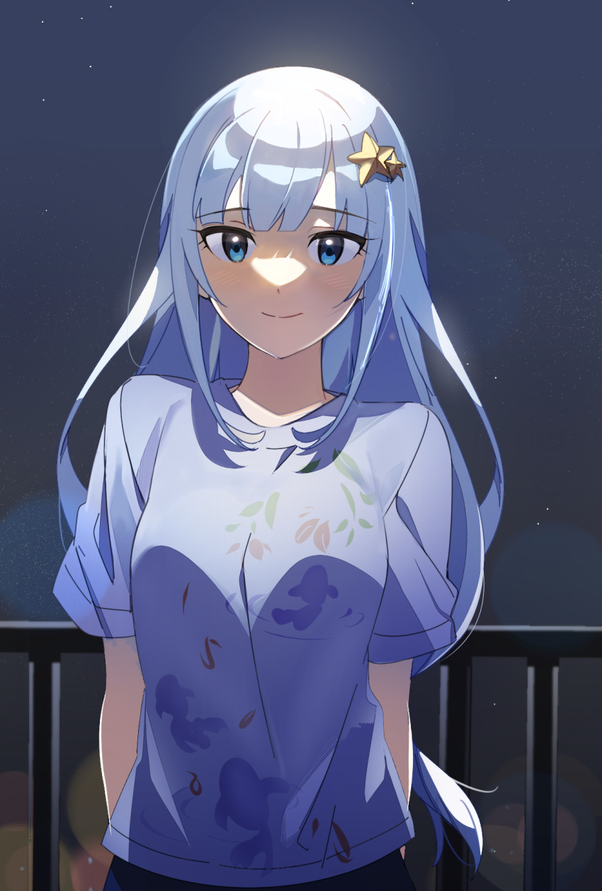 1girl, ap_bar, arms_behind_back, blue_eyes, blue_hair, blue_shirt, blunt_bangs, blush, commentary, eyelashes, floral_print, hair_ornament, highres, idolmaster, idolmaster_million_live!, koi, light_blue_hair, long_hair, looking_at_viewer, night, outdoors, railing, shiraishi_tsumugi, shirt, short_sleeves, sky, smile, solo, star_(sky), star_(symbol), star_hair_ornament, t-shirt, upper_body