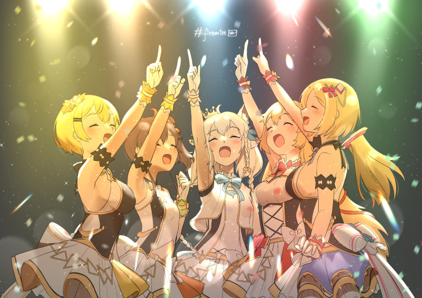 5girls, akai_haato, aki_rosenthal, animal_ears, armpits, bare_shoulders, blonde_hair, blush