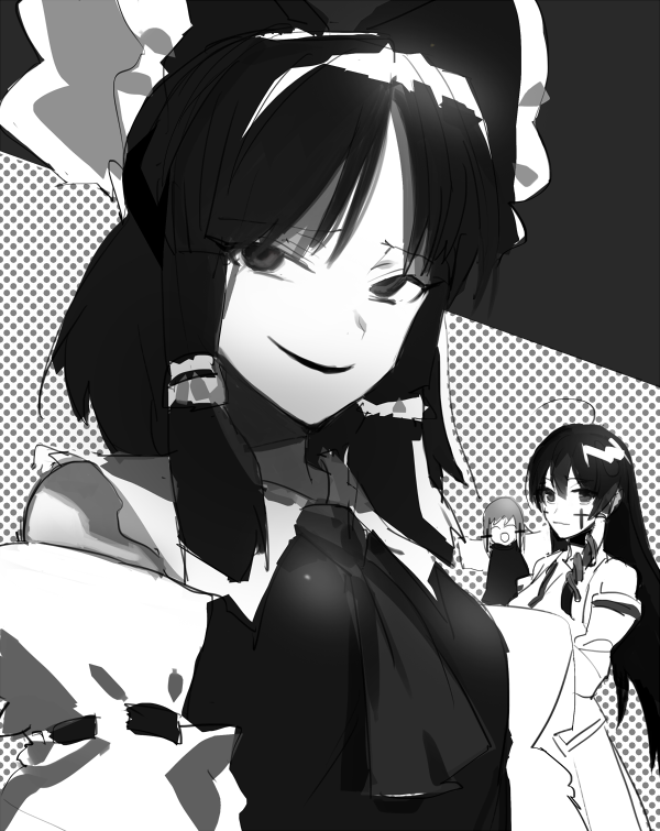 3girls, ^_^, ahoge, benikurage_(cookie), bow, closed_eyes, closed_mouth, collared_shirt