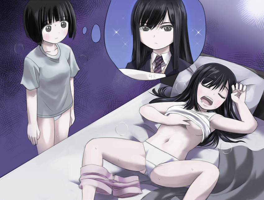 2girls, bed, black_hair, blush, bob_cut, breasts, female_focus, grabbing_own_breast