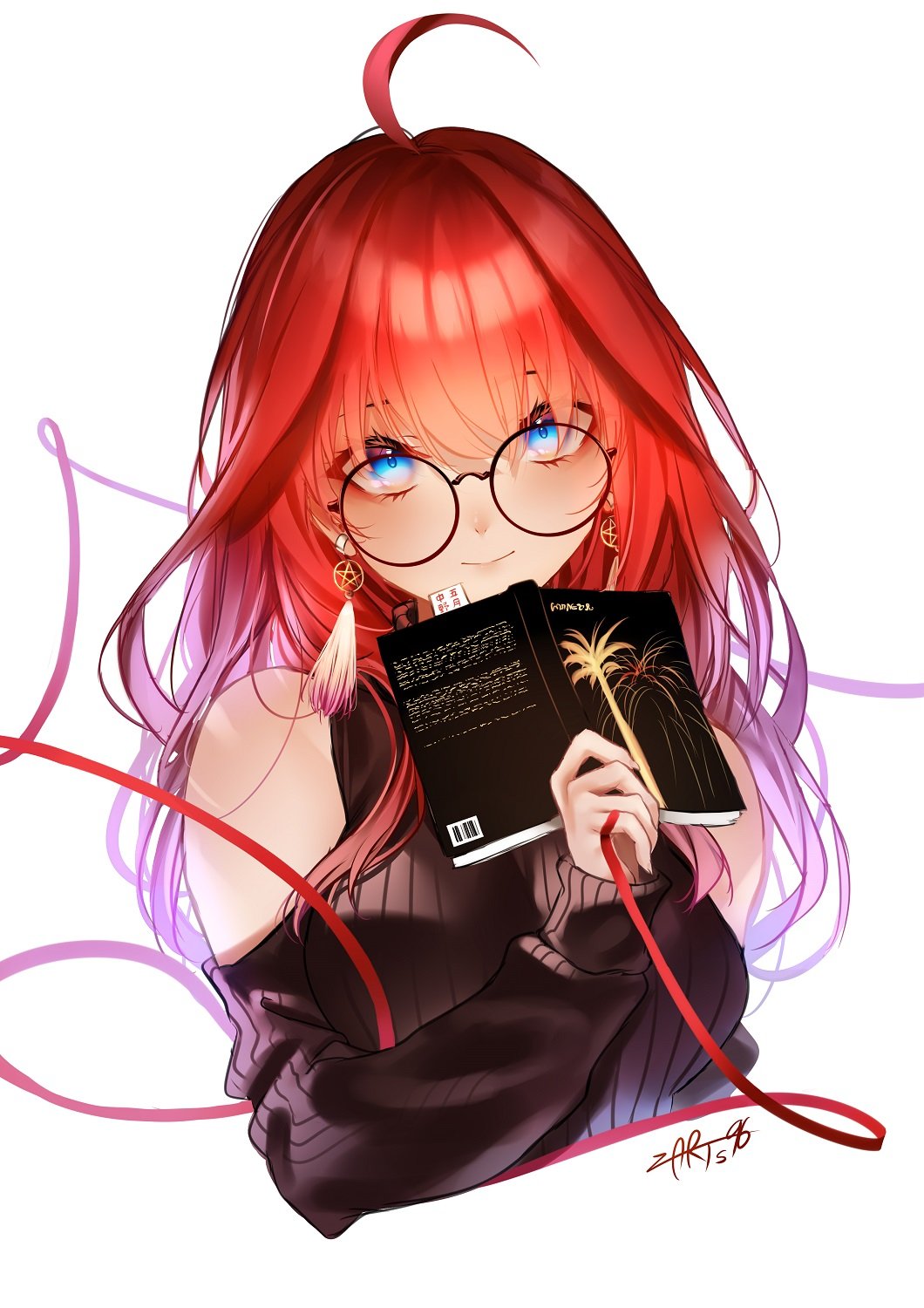 1girl, ahoge, blue_eyes, book, brown_sweater, earrings, glasses, go-toubun_no_hanayome