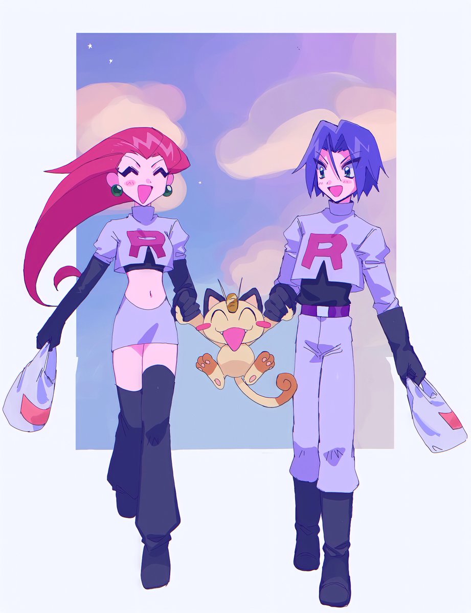 1boy, 1girl, ameya_(okemu_ame), flower, gen_1_pokemon, green_eyes, highres, james_(pokemon), jessie_(pokemon), meowth, nintendo, pokemon, pokemon_(anime), pokemon_(creature), purple_hair, rose, team_rocket