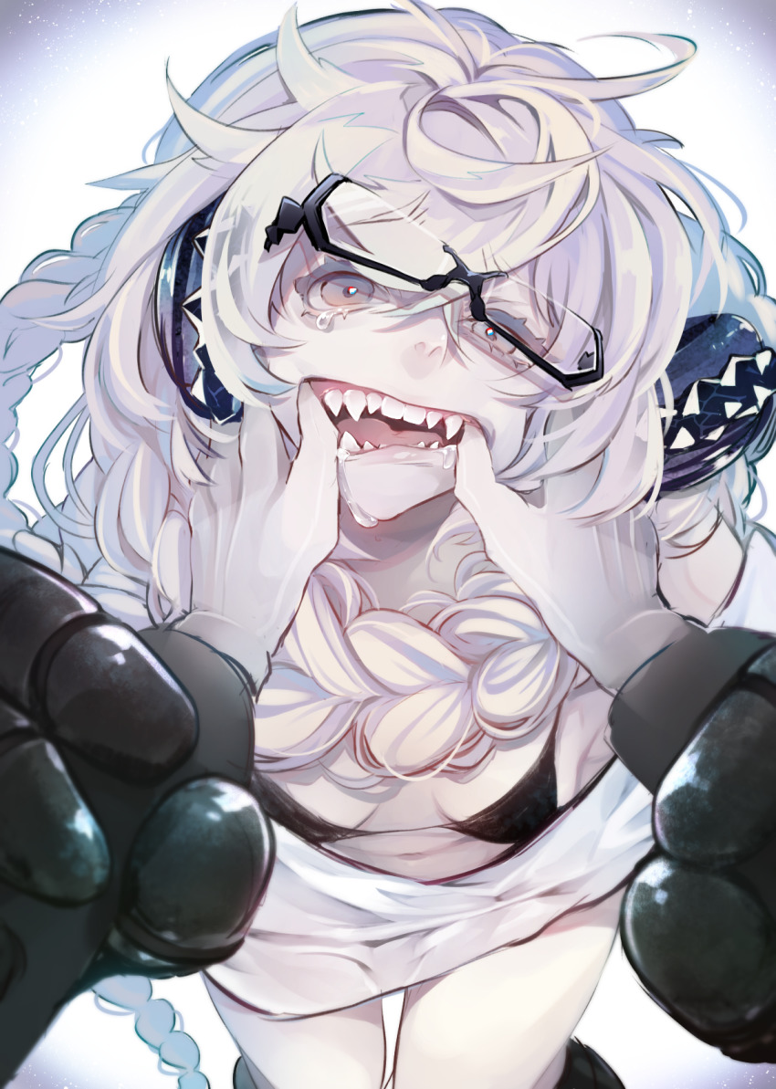 1girl, abyssal_ship, bikini, black_bikini, black_gloves, braid, breasts, finger_in_another's_mouth