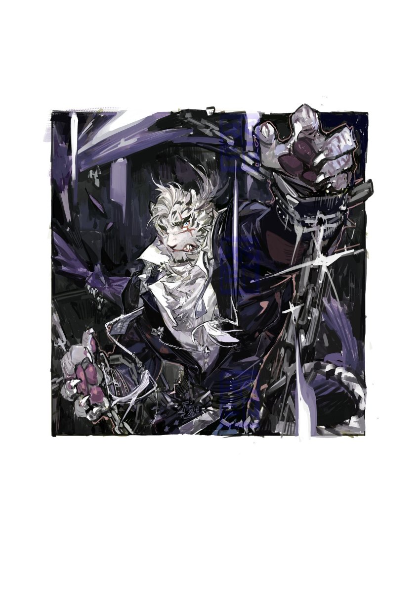 1boy, animal_ears, arknights, chain, cowboy_shot, fighting_stance, fluffy, furry