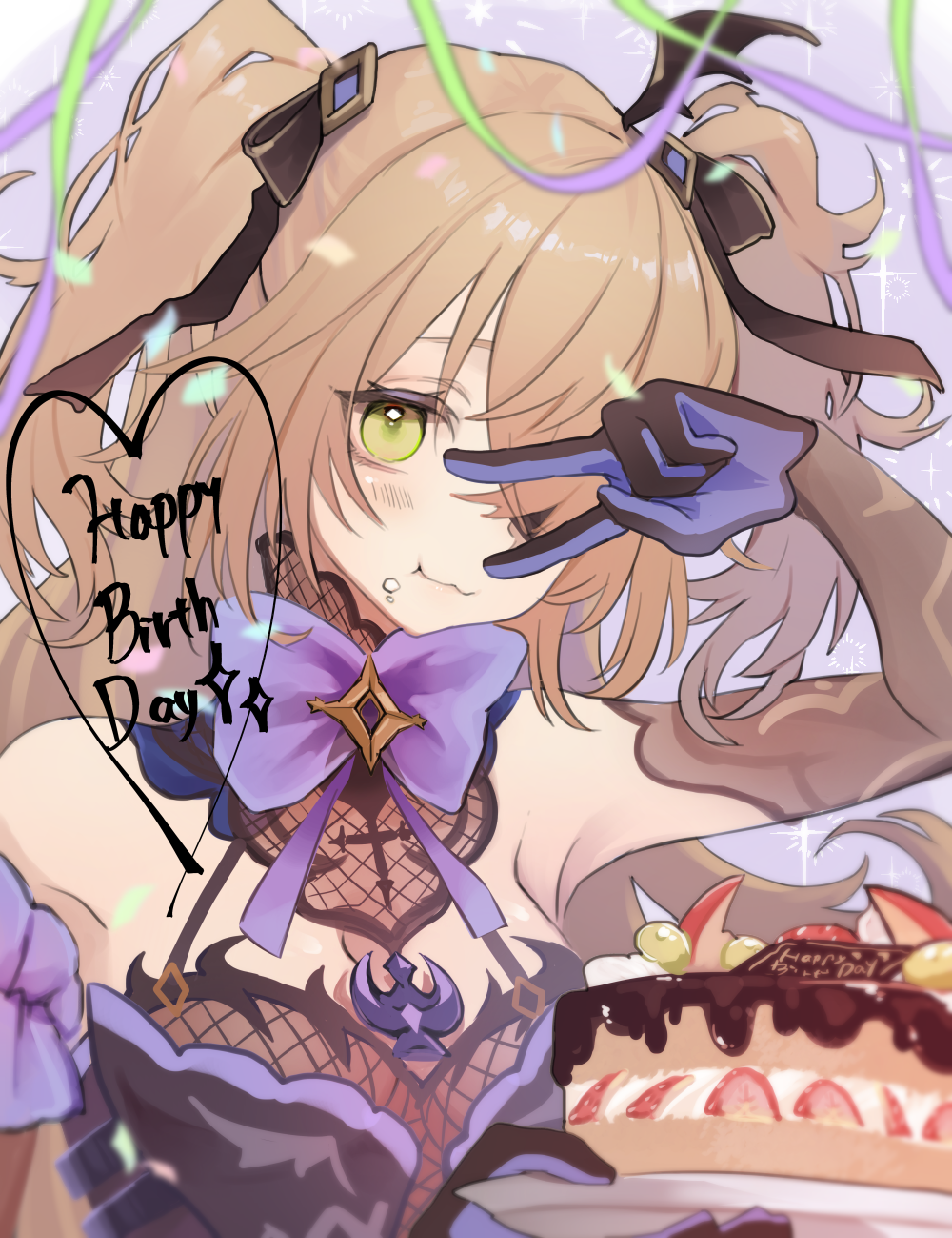 1girl, :3, birthday, birthday_cake, blonde_hair, blush, bodystocking, bow