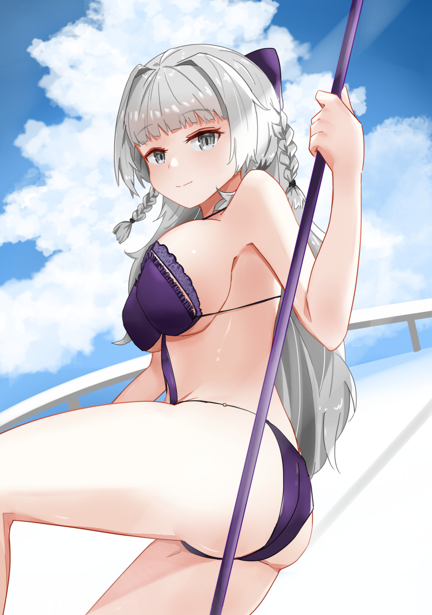 1girl, absurdres, ass, azur_lane, bikini, blue_sky, braid, breasts