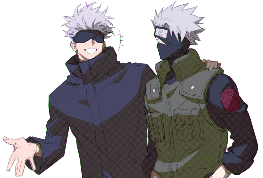 2boys, black_headband, black_jacket, blindfold, covered_eyes, crossover, flak_jacket, forehead_protector