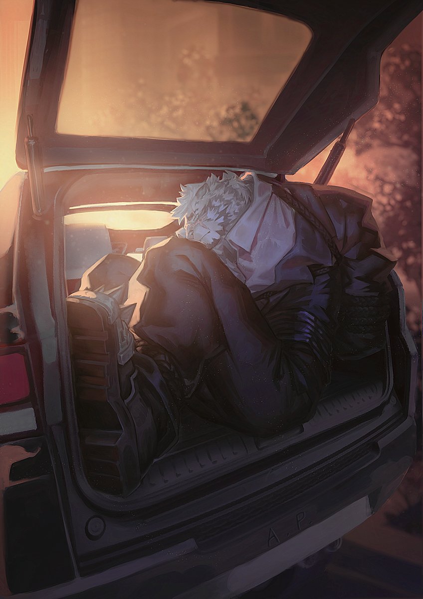 1boy, animal_ears, arknights, black_jacket, black_pants, car, fluffy, formal_clothes, furry, furry_male, highres, jacket, lanoodles, male_focus, motor_vehicle, mountain_(arknights), mountain_(dark_cloud)_(arknights), official_alternate_costume, pants, scar, scar_across_eye, scar_on_face, short_hair, sleeping, solo, tiger_boy, tiger_ears, white_fur, white_hair