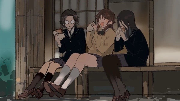 3girls, amagami, black_hair, black_shirt, black_skirt, brown_footwear, brown_hair, bush